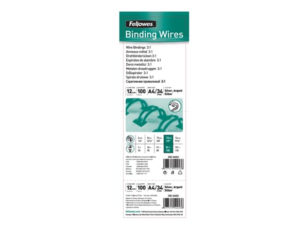 Fellowes - 12 mm - 34 ringer - A4 (210 x 297 mm) - 100 ark - sølv - 100 stk bindestreng - for Fellowes Galaxy E, Galaxy Wire, Quasar 130