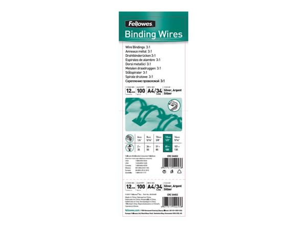 Fellowes - 12 mm - 34 ringer - A4 (210 x 297 mm) - 100 ark - sølv - 100 stk bindestreng - for Fellowes Galaxy E, Galaxy Wire, Quasar 130