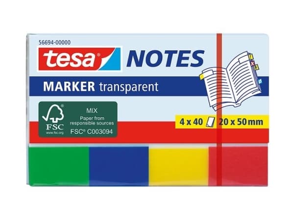Tesa Marker transparent - Anteckningar - 20 x 50 mm - 160 ark (4 x 40) - gul, blå, grön, orange