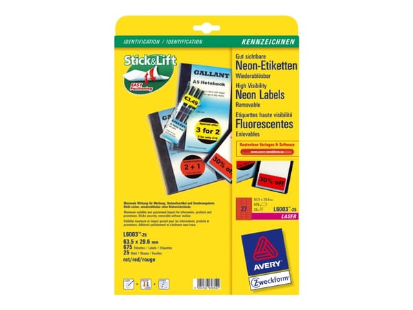 Avery Zweckform L6003 - Neonröd - 63.5 x 29.6 mm 675 etikett (er) (25 ark x 27) etiketter kampanj