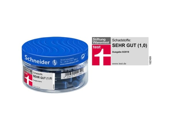 Schneider Schreibgeräte Schneider Tintenpatronen, Blå, Tynn, Gummi, Krukke, schneiderpen, 30 stykker