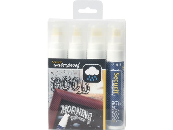Securit Waterproof Glass + Chalkboard Markers, Large Nib, Wallet 4-Pack, White (SMA820-V4-WT), Hvit, Blokk, Luktfri, 4 stykker