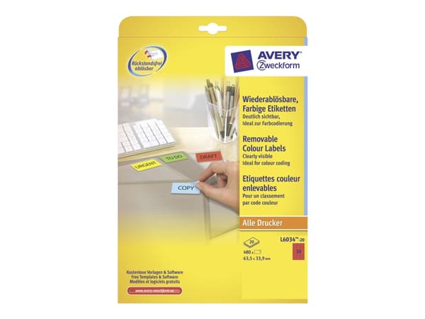 Avery L6034 - Permanet adhesiv - rød - 63.5 x 33.9 mm 480 etikett(er) (20 ark x 24) merkelapper