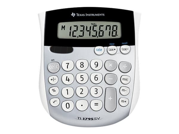 Texas Instruments TI-1795 SV, Työpöytä, Perus, 8 lukua, Näyttön kallistus, Akku/Aurinko, Musta, Hopea, Valkoinen