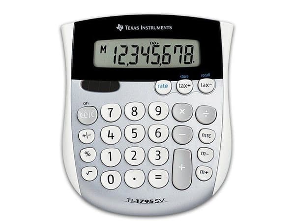 Texas Instruments TI-1795 SV, Työpöytä, Perus, 8 lukua, Näyttön kallistus, Akku/Aurinko, Musta, Hopea, Valkoinen