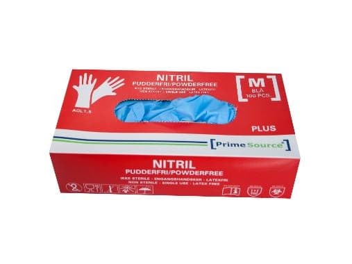 Engangshandske Prime Source PLUS str. M uden pudder Nitril AQL 1.5 blå m/100 stk. - (karton á 10 pakker x 100 stk.)