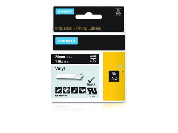 DYMO Rhino Coloured Vinyl - Vinyl - permanet adhesiv - hvitt på svart - Rull (2,54 cm x 5,5 m) 1 kassett(er) tape - for Rhino 4200, 6000, 6000 Hard C