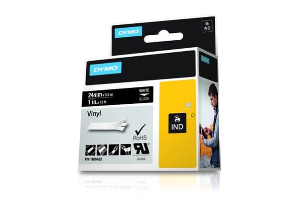 DYMO Rhino Coloured Vinyl - Vinyl - permanet adhesiv - hvitt på svart - Rull (2,54 cm x 5,5 m) 1 kassett(er) tape - for Rhino 4200, 6000, 6000 Hard C