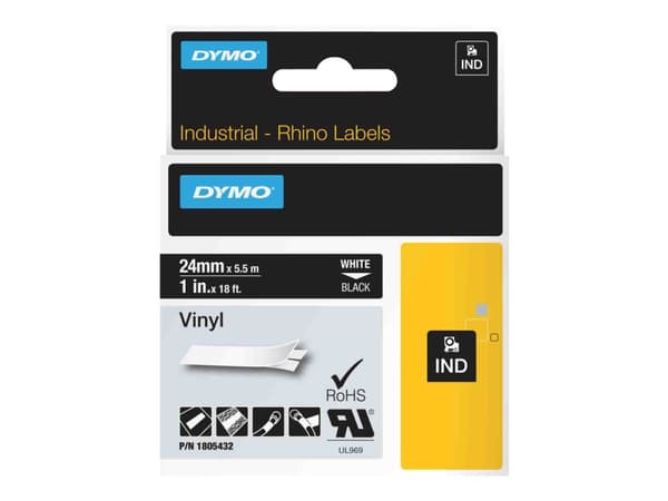 DYMO Rhino Coloured Vinyl - Vinyl - permanent häftning - vitt på svart - Rulle (2,54 cm x 5,5 m) 1 kassett(er) tejp - för Rhino 4200, 6000, 6000 Hard