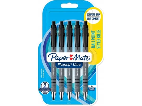 Papermate Flexgrip Ultra, Klämma, Fastklämbar, indragbar kulspetspenna, Påfyllnadsbar, Svart, 5 styck, Medium
