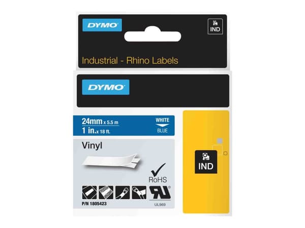 DYMO Rhino Coloured Vinyl - Vinyl - permanet adhesiv - hvitt på blått - Rull (2,54 cm x 5,5 m) 1 kassett(er) tape - for Rhino 4200, 6000, 6000 Hard C