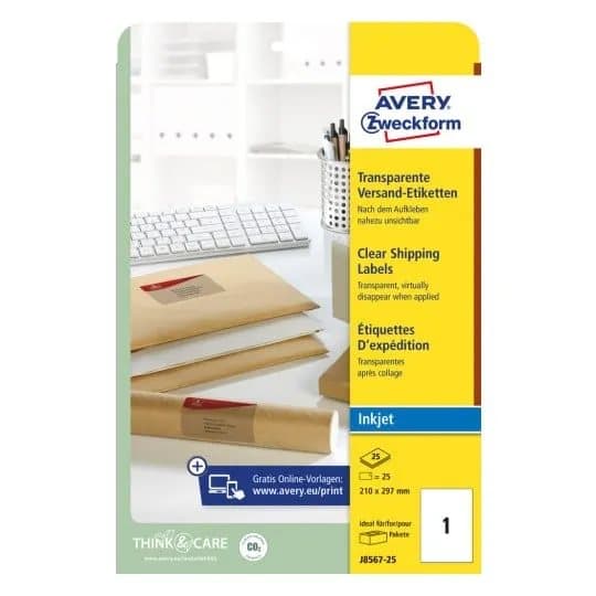 Avery J8567-25, Läpinäkyvä, Polyesteri, Mustesuihku, 210 x 297 mm, 25 arkkia, A4