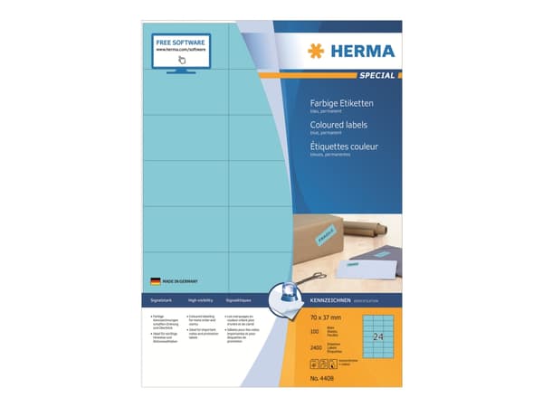 HERMA 4408, Sininen, Suorakulmio, Kiinteä, Paperi, Matta, Laser/Inkjet
