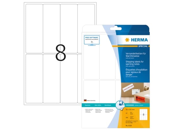 HERMA 8326, Hvit, Papir, Laser/Blekkskriver, Matte, Permanent, Avrundet rektangel