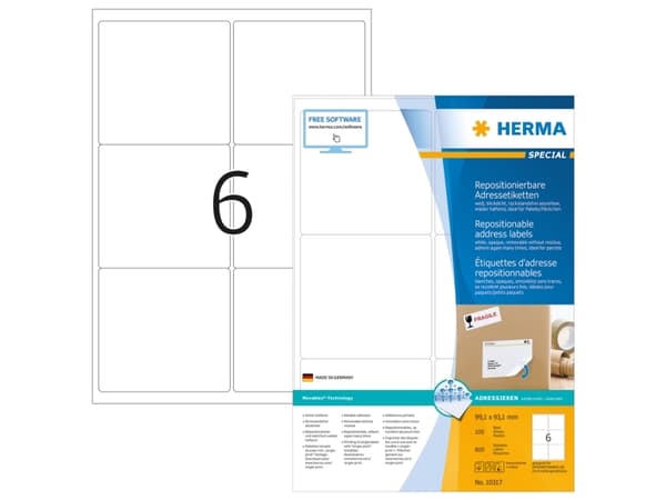 HERMA 10317, hvit, avrundet rektangel, avtakbar, 99,1 x 93,1 mm, papir, matt