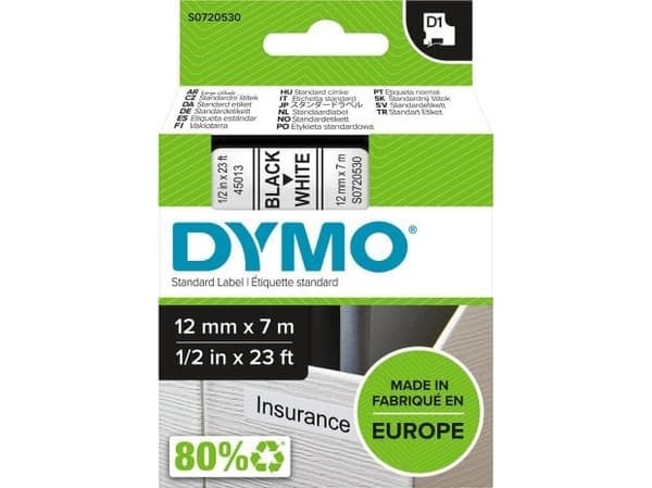 Labeltape DYMO® D1 sort på hvid 12mm x 7m