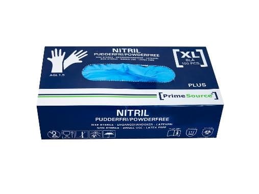 Engangshandske nitril str. XL Prime Source PLUS pudderfri AQL 1.5 blå m/100 stk. - (karton á 10 pakker)