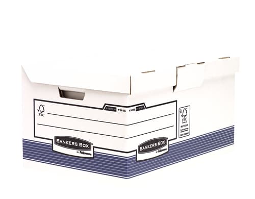 Fellowes Archive taittuva kannellinen Maxi Bankers Box -laatikko, valkoinen/sininen, valmistettu 100% kierrätetystä kartongista, 100% kierrätettäviss