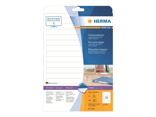 HERMA Special - Papper - matt - permanent självhäftande - vit - 192 x 16.9 mm 400 etikett (er) (25 ark x 16) ogenomskinliga pärmetiketter