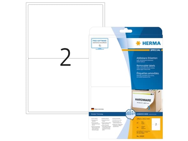 HERMA 10020, Hvit, Selvklebende skriveretikett, A4, Papir, Laser/Blekkskriver, Avtagbar
