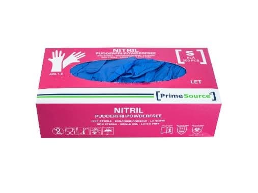 Handske Engangs Prime Source LET str S uden Pudder Nitril AQL 1.5 Blå,10 pk x 200 stk/krt
