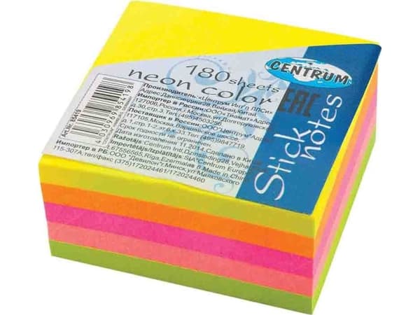 CENTRUM självhäftande anteckningsblock 38X38MM 180 KORT 5 NEON-FÄRGER