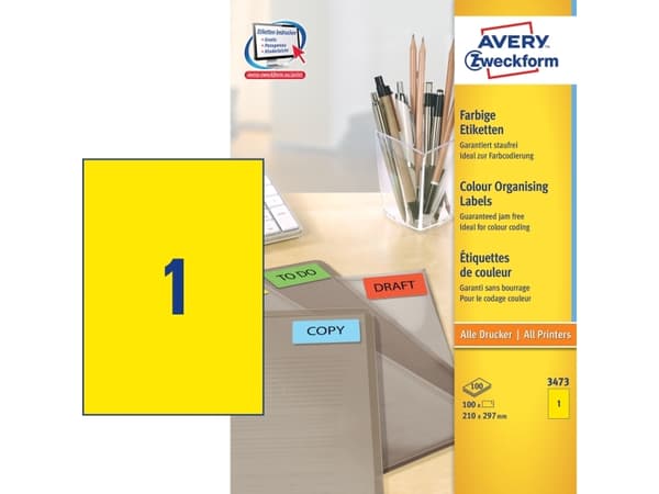 Avery - Gul - A4 (210 x 297 mm) 100 st (100 ark x 1) etiketter