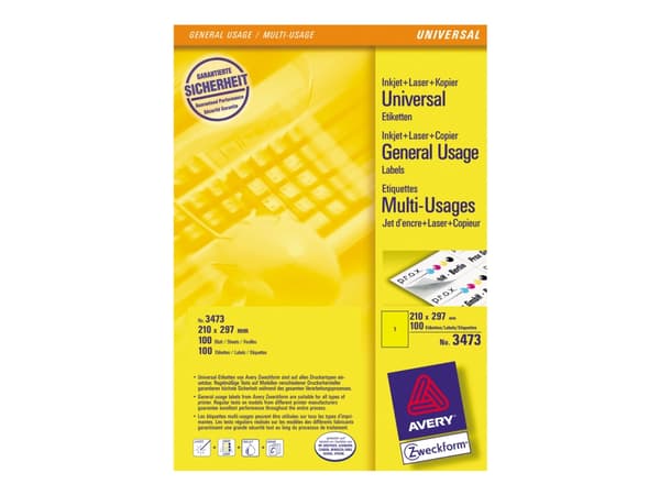 Avery - Gul - A4 (210 x 297 mm) 100 st (100 ark x 1) etiketter
