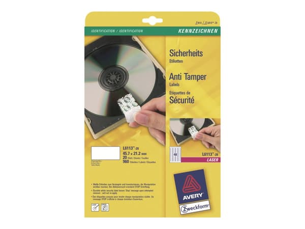 Avery Anti-tamper Label - Polymer - hvit - 21.2 x 45.7 mm 960 stk (20 ark x 48) merkelapper