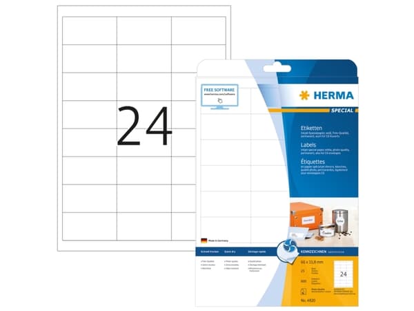 HERMA Spesial - Papir - matt - permanent selvklebende - belagt - hvit - 66 x 33,8 mm - 90 g/m² - 600 etikett(er) (25 ark x 24) etiketter for arkivmap