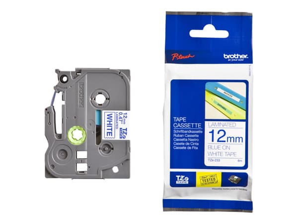 Brother TZe-233 - Blått på hvitt - Rull (1,2 cm x 8 m) 1 kassett(er) laminert teip - for Brother PT-P750, P950; P-Touch PT-E310; P-Touch Cube PT-P300