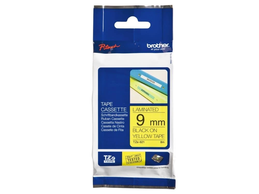 Brother Gloss Laminated Labelling Tape - 9mm, Black on Yellow etikett-tejp TZ