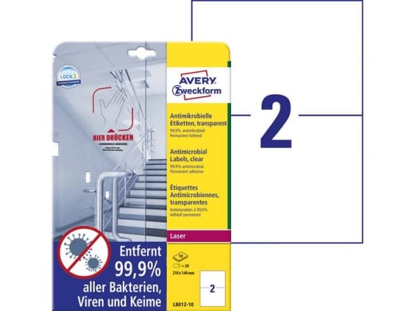 Avery L8012-10, Gjennomsiktig, A4, Polyester, Laser, Permanent, Rektangel