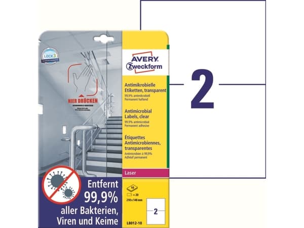 Avery L8012-10, Gjennomsiktig, A4, Polyester, Laser, Permanent, Rektangel