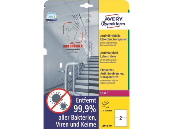Avery L8012-10, Gjennomsiktig, A4, Polyester, Laser, Permanent, Rektangel