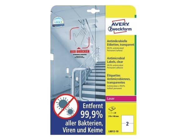 Avery L8012-10, Gjennomsiktig, A4, Polyester, Laser, Permanent, Rektangel