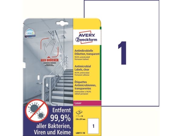 Avery L8011-10, Läpinäkyvä, A4, Polyesteri, Kiinteä, Suorakulmio, 70 g/m²