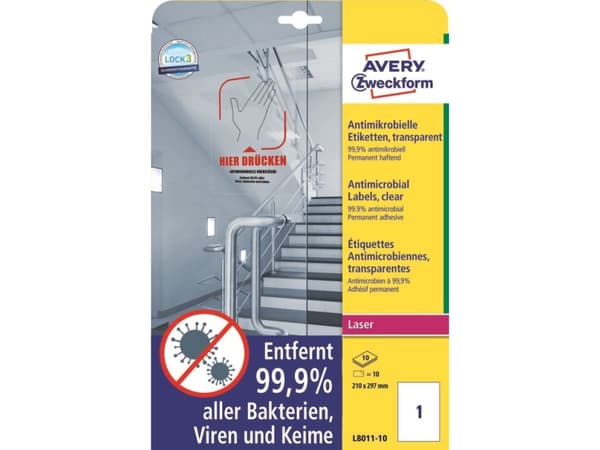 Avery L8011-10, Läpinäkyvä, A4, Polyesteri, Kiinteä, Suorakulmio, 70 g/m²