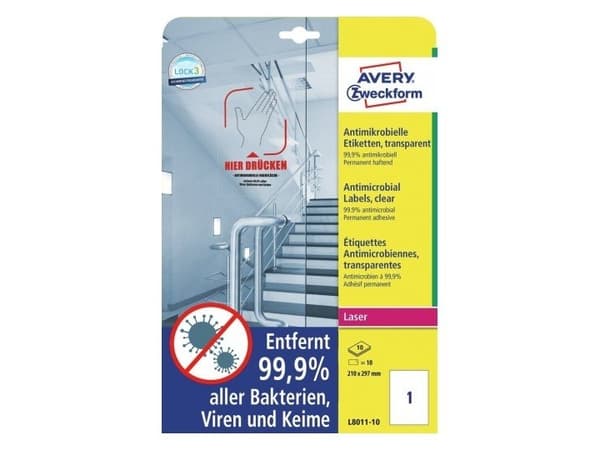 Avery L8011-10, Läpinäkyvä, A4, Polyesteri, Kiinteä, Suorakulmio, 70 g/m²