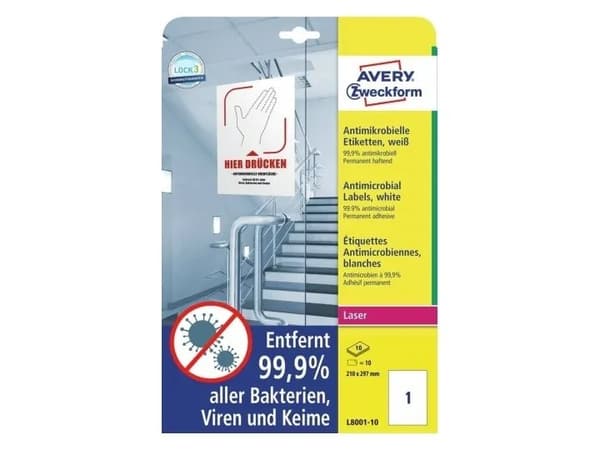 Avery L8001-10, Hvit, A4, Polyester, Laser, Permanent, Rektangel
