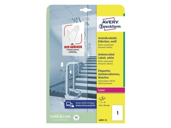 Avery L8001-10, Hvit, A4, Polyester, Laser, Permanent, Rektangel