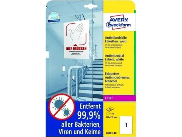 Avery L8001-10, Hvit, A4, Polyester, Laser, Permanent, Rektangel
