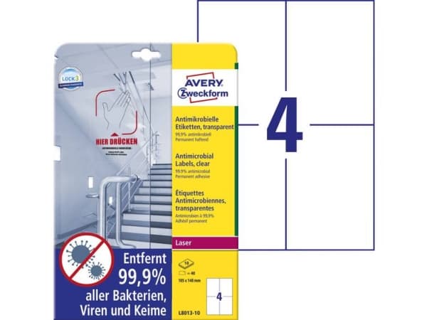 Avery L8013-10, Gjennomsiktig, A4, Polyester, Laser, Permanent, Rektangel