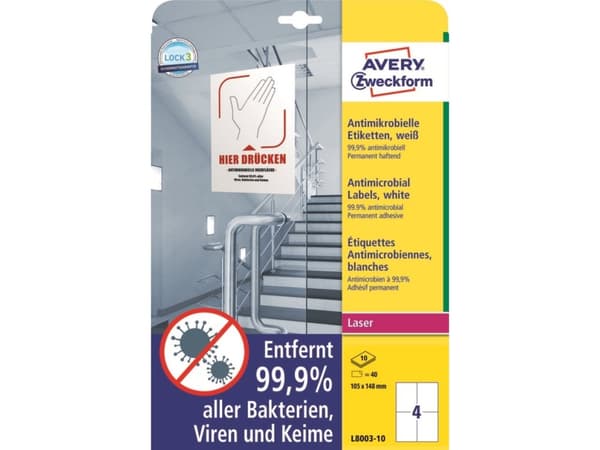 Avery L8003-10, Hvit, A4, Polyester, Laser, Permanent, Rektangel