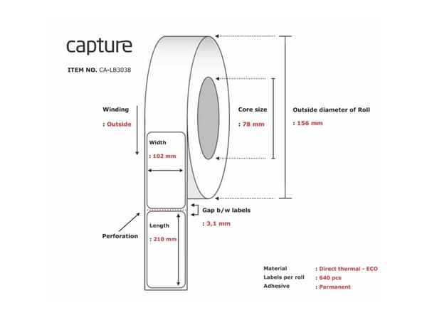Capture - Eco paper - permanet adhesiv - ubelagt - perforert - hvit - 102 x 210 mm 5120 etikett(er) (8 rull(er) x 640) boks - merkelapper
