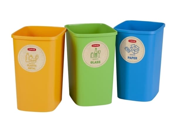 Curver søppelbokssett Deco Flip Bin, uten lokk, 3x10 l, blå/grønn/gul