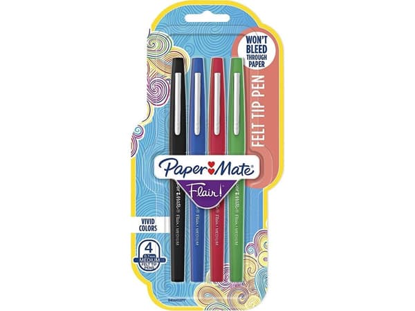 Papermate Flair, Keskikokoinen, 4 väriä, Musta, Sininen, Vihreä, Punainen, Pyöreä pää, 1 mm, Musta, Sininen, Vihreä, Punainen