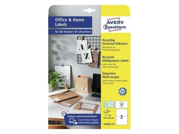 Avery LR3655-10, Hvit, Rektangel, Permanent, 210 x 148 mm, A4, Papir
