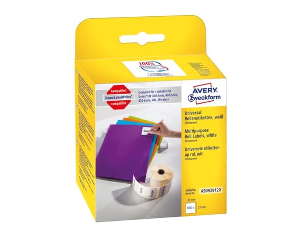 Avery-Zweckform Etiketter 25 x 25 mm Papir Hvid 1000 stk Permanent vedhæftningsevne AS0929120 Universelle etiketter