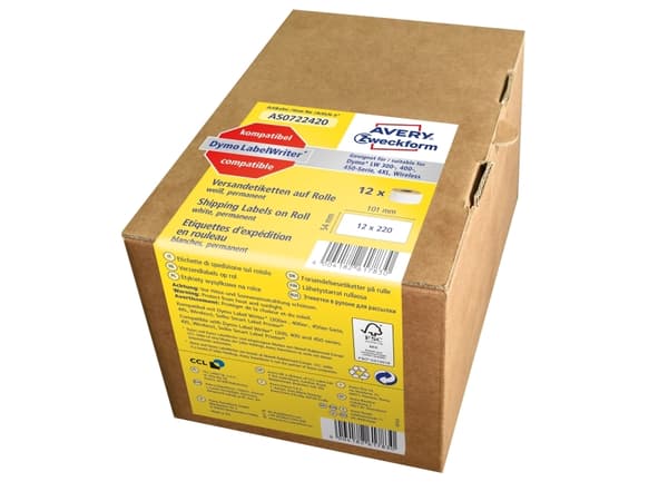 Avery AS0722420 Etikettrulle, 54 x 101 mm, vit vit vit 220x1450x1270mm (12 rullar) - (12 rullar per kartong)